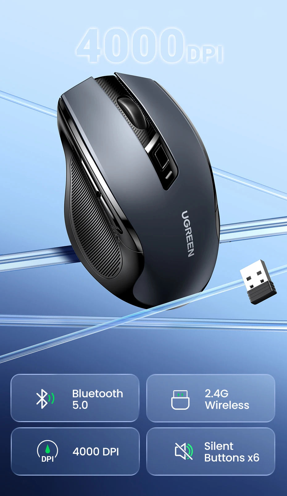 UGREEN Wireless Mouse – Ergonomic, 4000DPI, Bluetooth & 2.4G