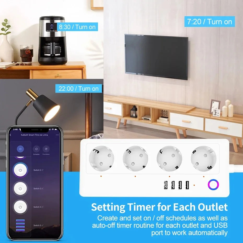 Zigbee Smart Power Strip – 1- 4 AC Outlets & 4 USB Charging Ports