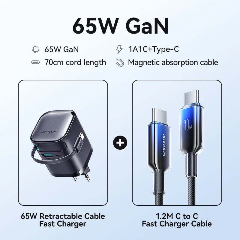 Joyroom 65W GaN PD 3.0 Fast Charger with Retractable USB-C Cable (EU Plug)