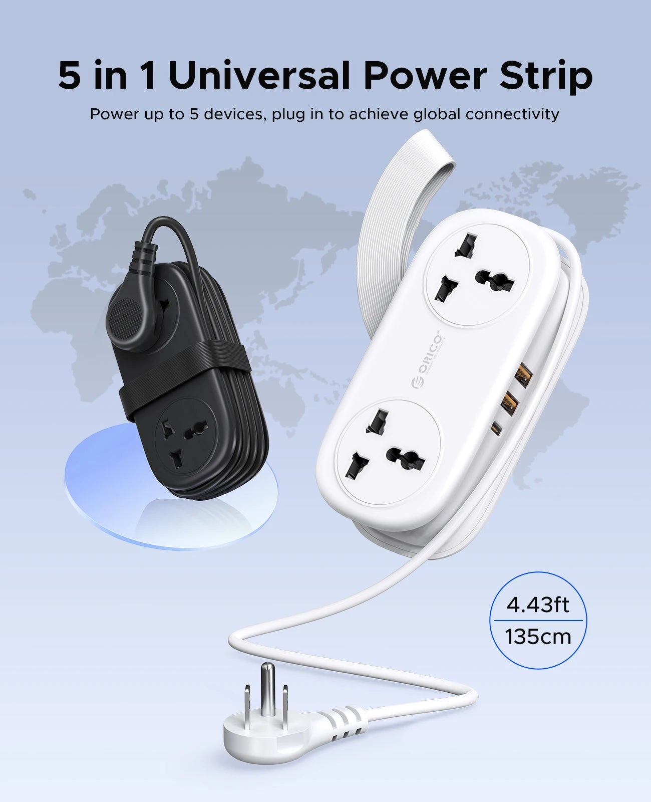 ORICO Power Strip with 2 AC Outlets, USB-C & USB Ports – 20W Fast Charging Extension Cord