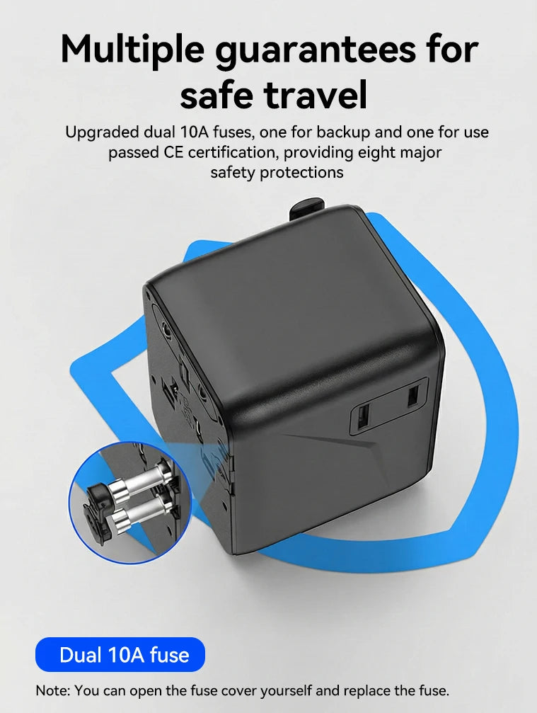 ORICO Universal Travel Adapter Worldwide All-in-One 20W GaN with AC Outlet USB A Type C Dual 10A Fuses Fast Charging EU US UK AU