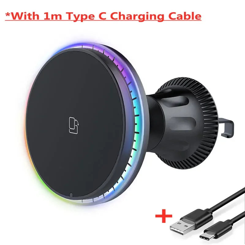 LED/RGB Magnetic Car Wireless Charger For iPhone 12 13 14 15 Pro Max Macsafe Car Phone Holder Stand Mount Fast Charging Station