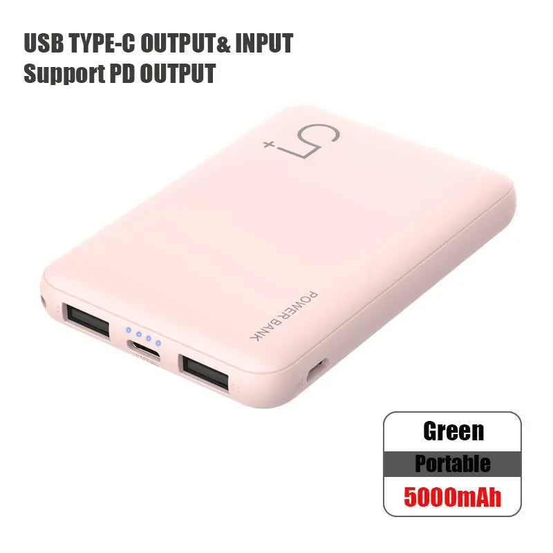 Portable 5000mAh Power Bank – Fast Charge Dual USB-C for Phones