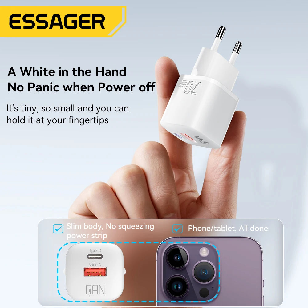 Essager 20W GaN USB Type C Charger Fast Charge Phone QC 3.0 Quick Chargers For iPhone 15 14 13 12 11Pro Max Mini iPad Charging