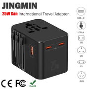 JINGMIN Universal Travel Adapter – 4 AC Outlets + 3 USB/Type-C PD 25W