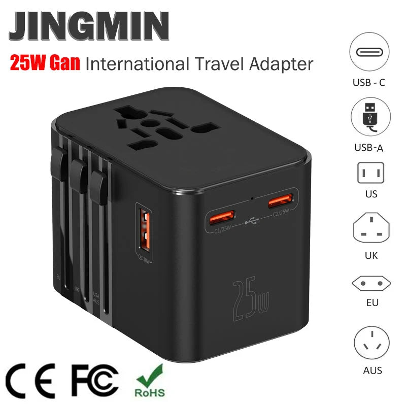 JINGMIN Universal Travel Adapter – 4 AC Outlets + 3 USB/Type-C PD 25W