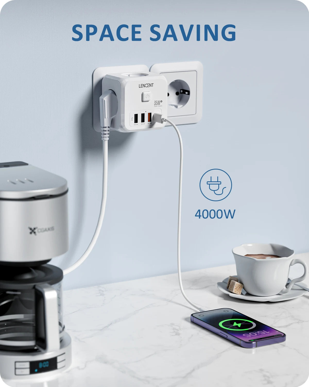 LENCENT 7-in-1 EU Power Strip – 3 AC + 3 USB + Type-C PD 35W Fast Charger