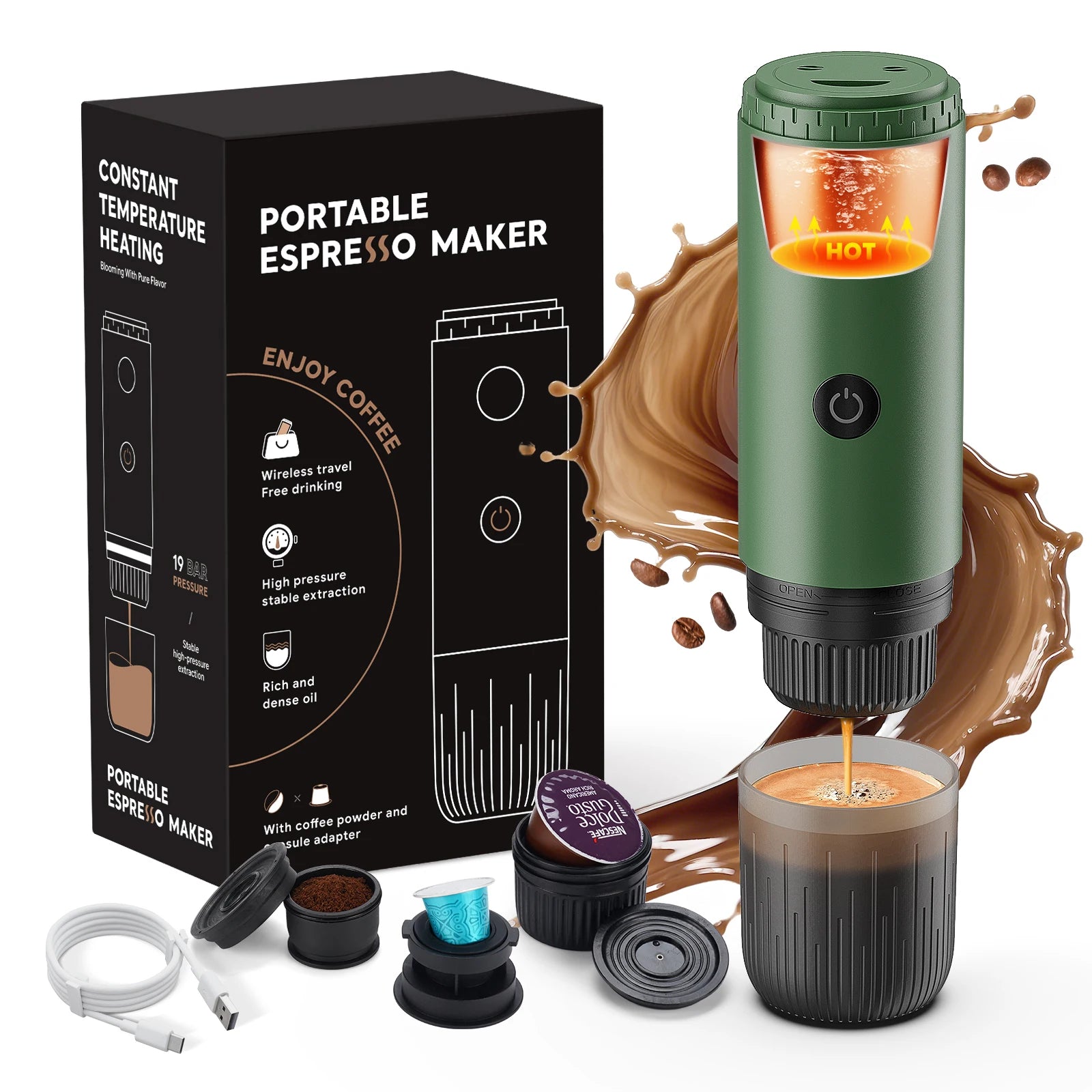 3-in-1 Travel Espresso Maker – Portable USB-C Self-Heating Coffee Machine