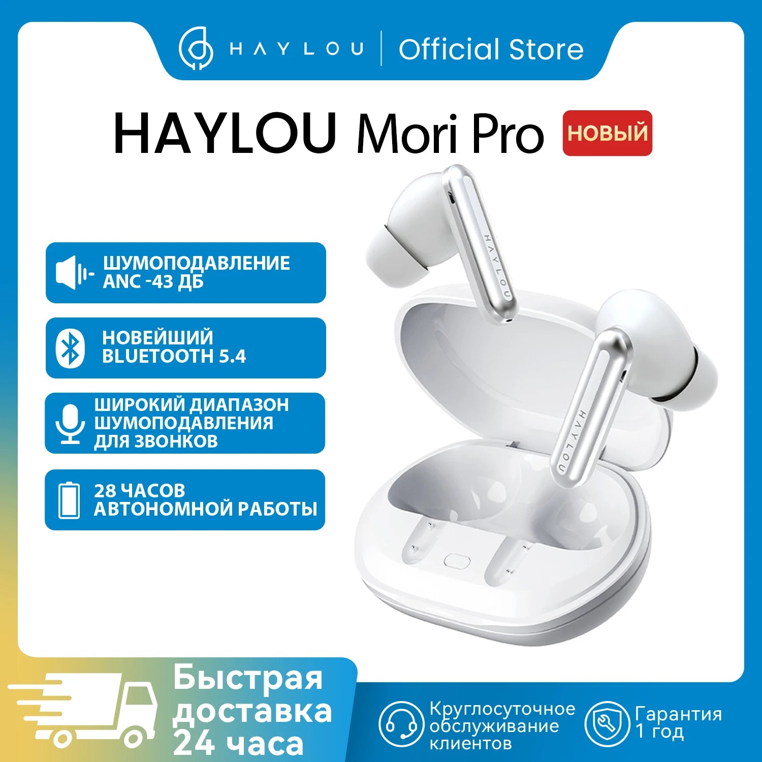 HAYLOU Mori Pro ANC Wireless Earbuds Bluetooth 5.4 Headphones 43dB Hi-Res Audio Noise Cancellation 6 Mics Earphones 28Hrs