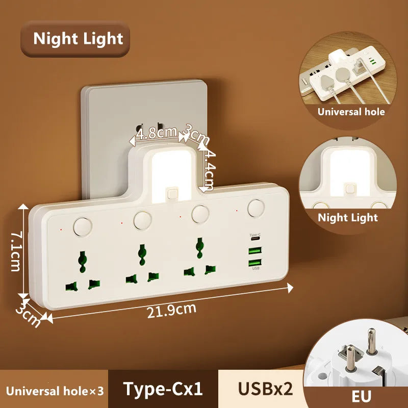 7-in-1 EU US UK AU Power Strip, Independent switch socket Power Strip 3 AC Outlets 2 USB 1 Type-C, Equipped USB charging adapter