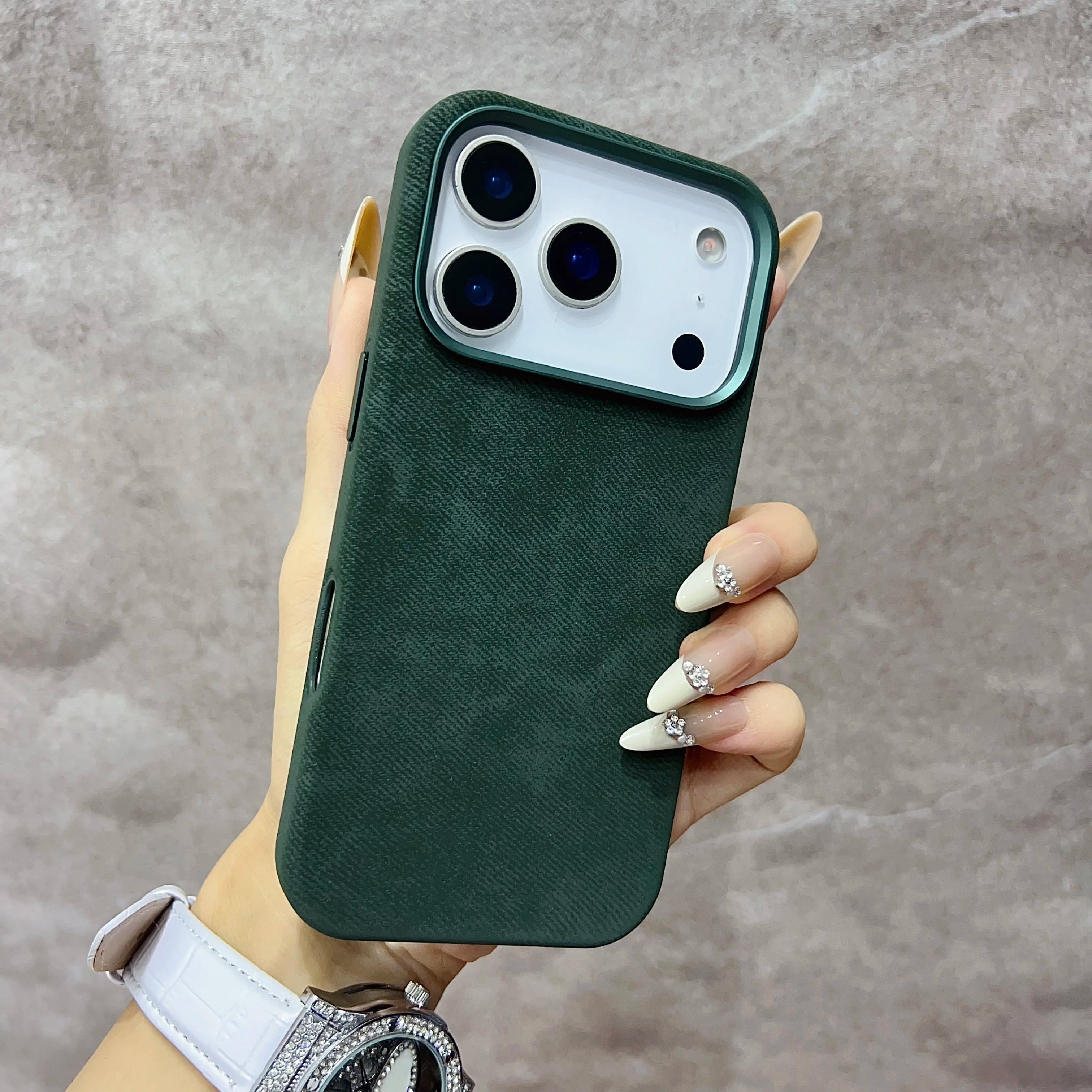 Luxury MagSafe Fiber Leather iPhone Case – Shockproof & Alloy Lens