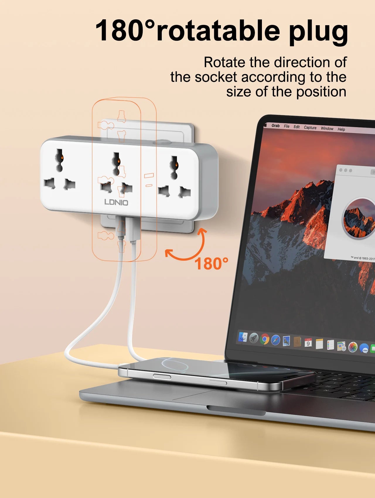 LDNIO Rotatable Power Plug with Switch – 3 AC Sockets & 2 USB (30W PD)