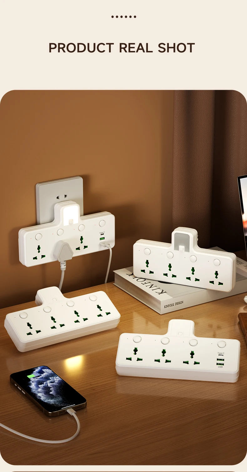 7-in-1 EU US UK AU Power Strip, Independent switch socket Power Strip 3 AC Outlets 2 USB 1 Type-C, Equipped USB charging adapter