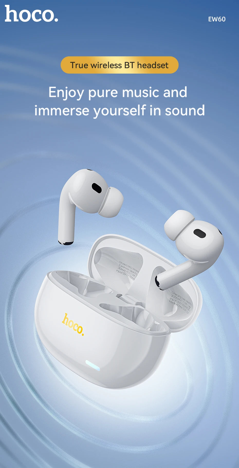 HOCO EW60 Bluetooth 5.0 Earbuds Wireless Hi-Res Audio Earphones Touch Control Waterproof Sports Headset with Mic for Running Fit