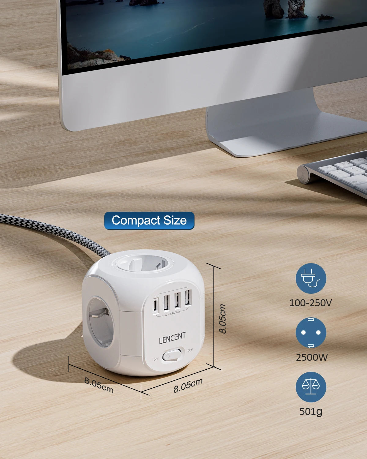 LENCENT Upgraded Power Strip Cube with  4 AC Outlets 3 USB Port 1 Type C 3M Braided Cable Multi Socket with Switch for Home