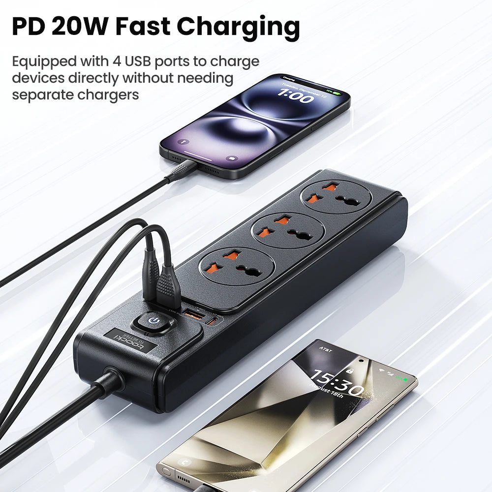 Toocki PD20W GaN Versatile Power Strip 2500W Max Universal 3AC Outlet EU UK US Plug Adapter Electrical Socket 2M Extension Cable