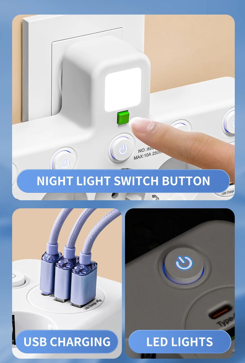 EU Wall Socket with 4 AC Outlets & USB-C Fast Charging Ports