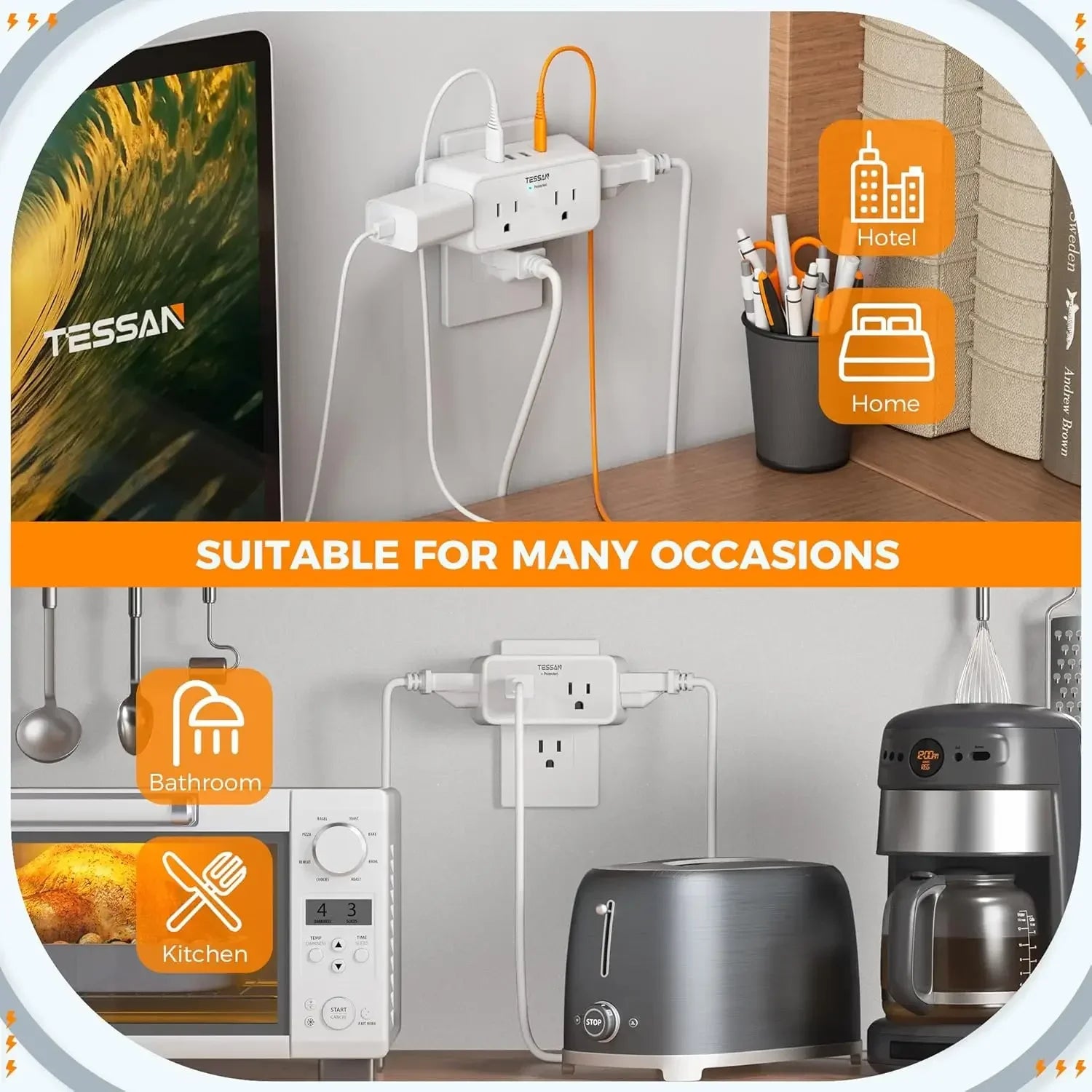 TESSAN Multi-Socket Wall Expander – 4 AC Outlets & 3 USB Ports  & 1 USB - C