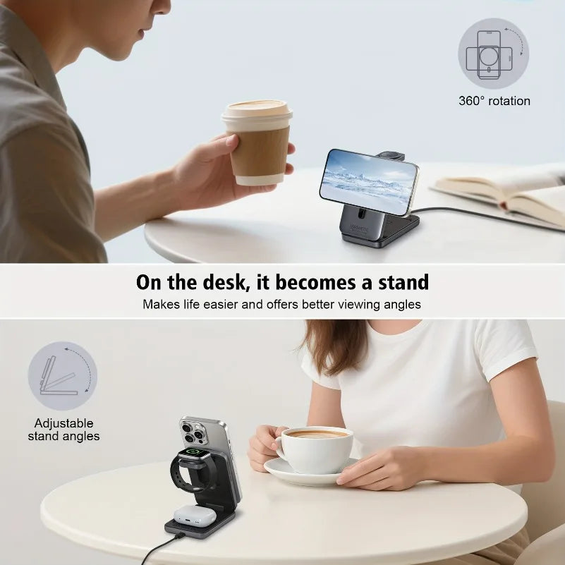 Foldable 3-in-1 Magnetic Wireless Charger Stand – Fast Charging Station