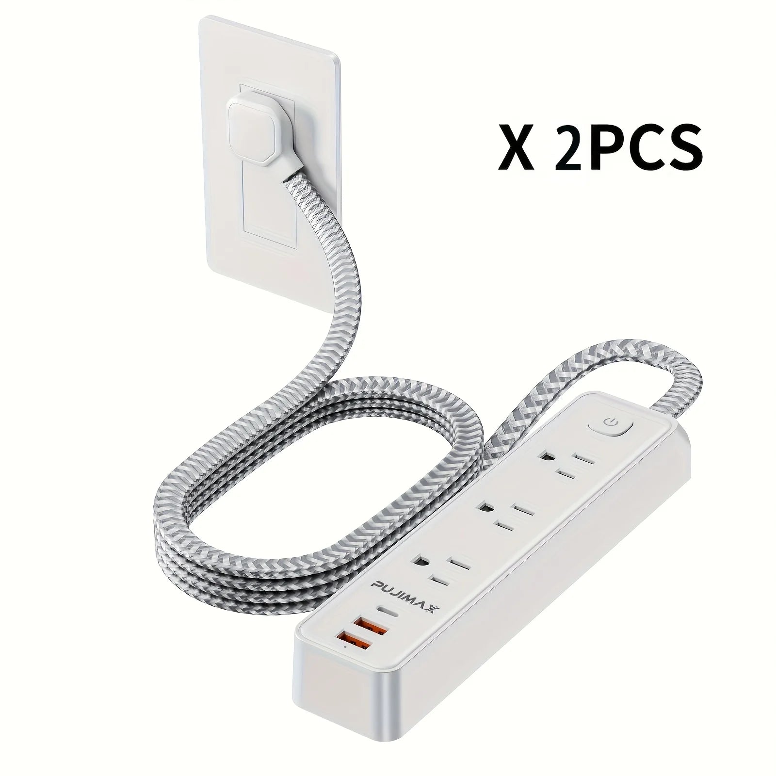 PUJIMAX US version 1.5-meter woven cable power board, featuring 2 USB ports, 1 Type-C port, and 6 AC socket ports