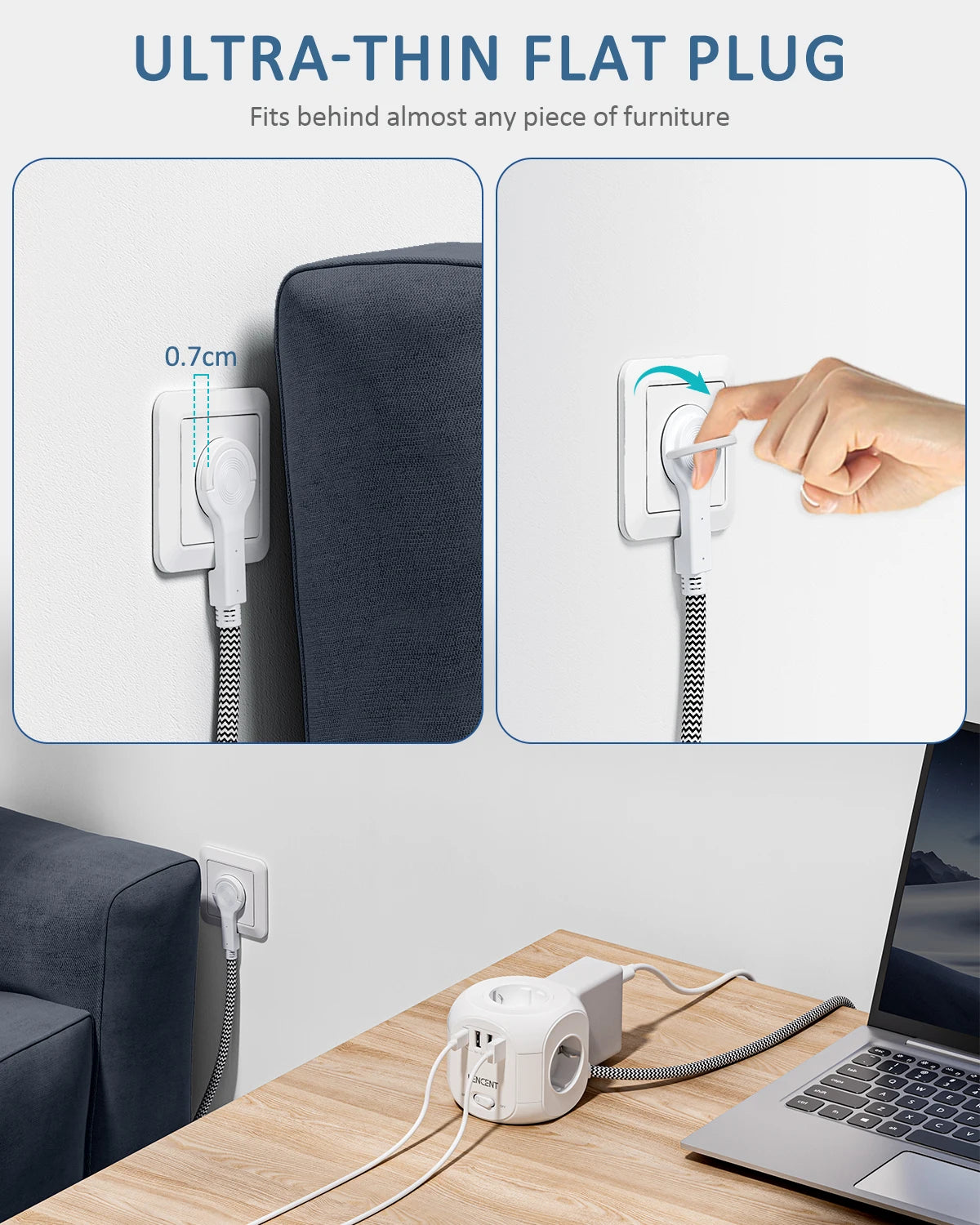 LENCENT Upgraded Power Strip Cube with  4 AC Outlets 3 USB Port 1 Type C 3M Braided Cable Multi Socket with Switch for Home