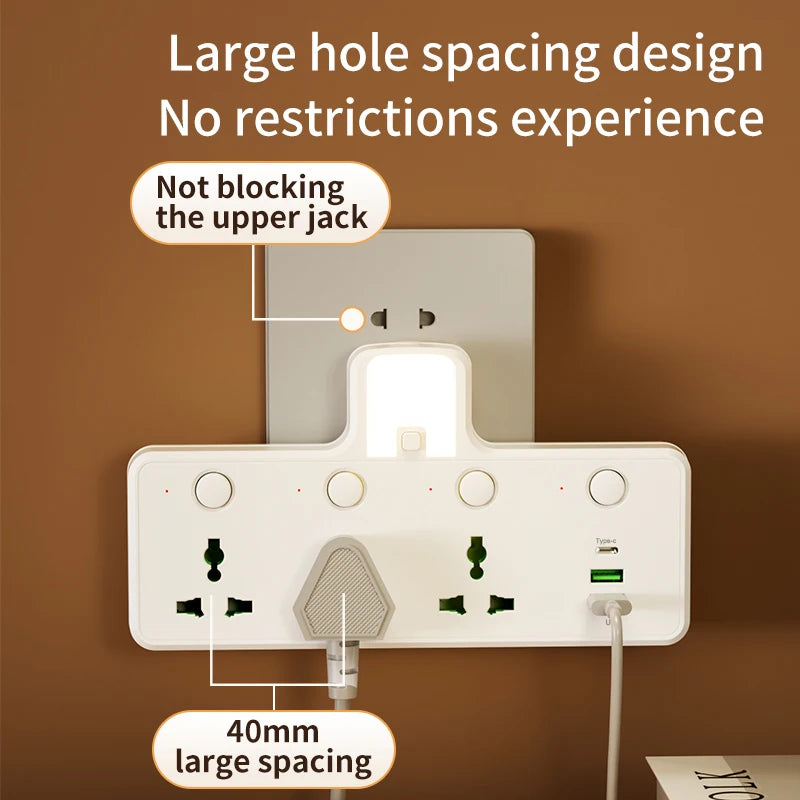 7-in-1 EU US UK AU Power Strip, Independent switch socket Power Strip 3 AC Outlets 2 USB 1 Type-C, Equipped USB charging adapter