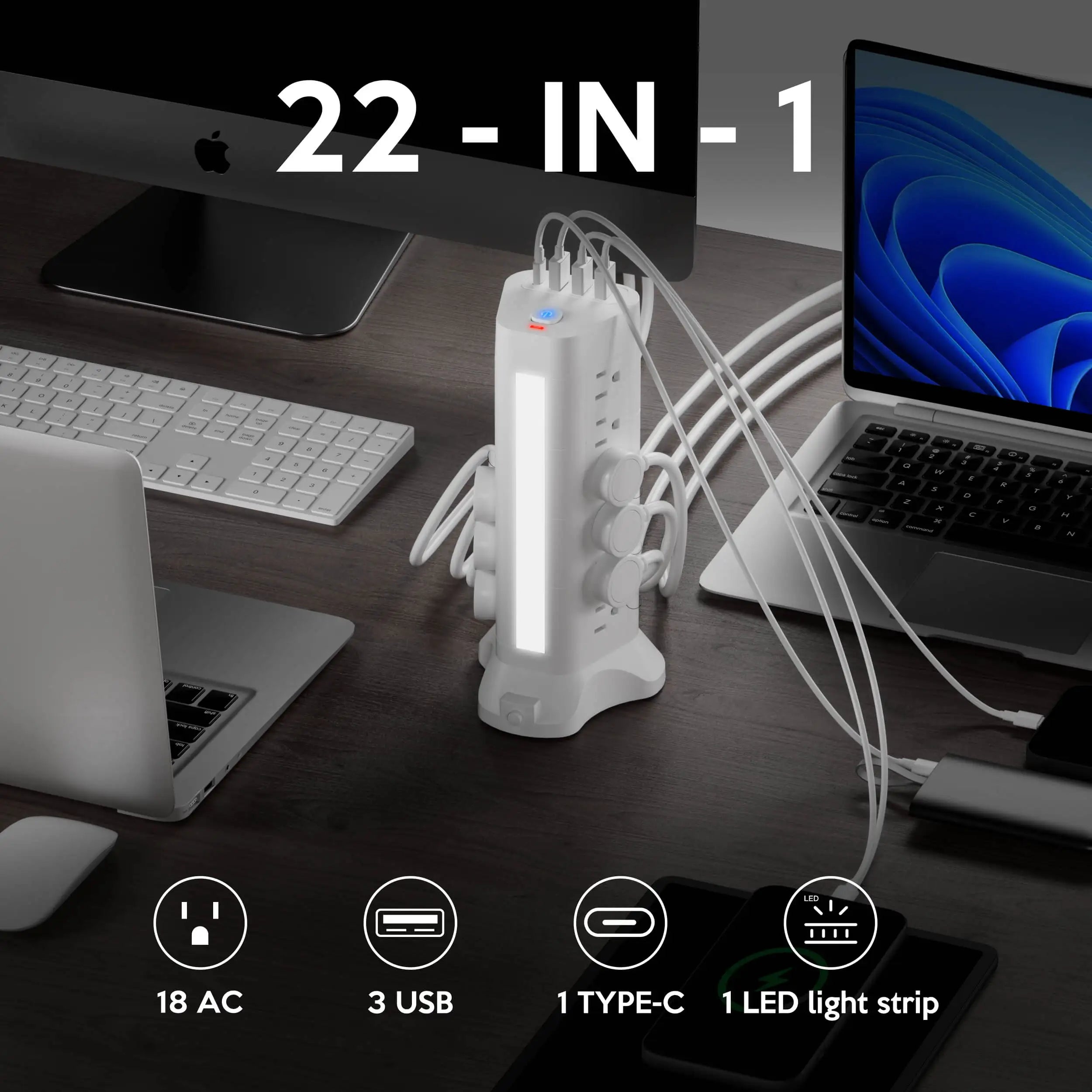 Power Strip  – Tower with 18 AC Outlets with 3 USB-A – 1 USB-C & Surge Protection