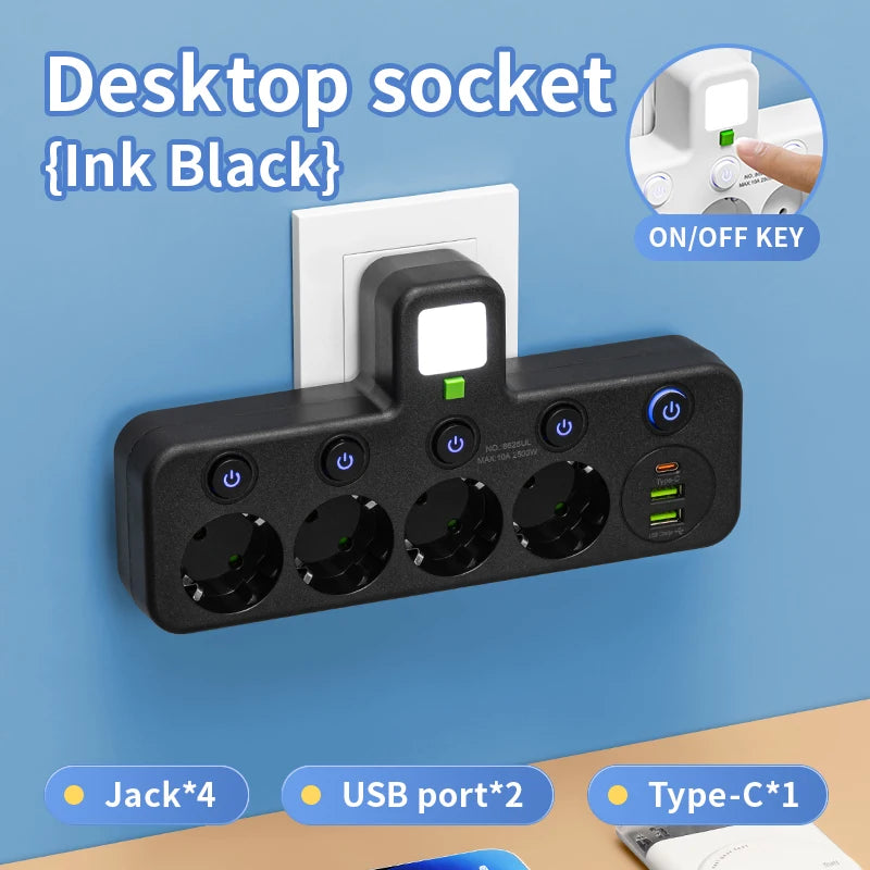 EU Wall Socket with 4 AC Outlets & USB-C Fast Charging Ports