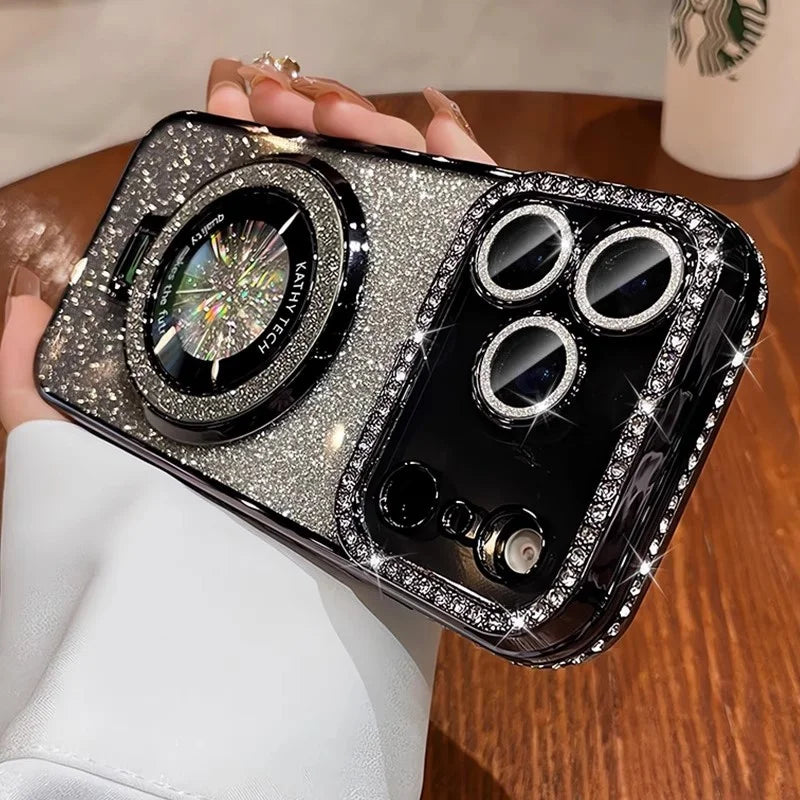 Plating MagSafe Rhinestones Magnetic Stand Case for iPhone 15–17 Series – Diamond Bumper Cover