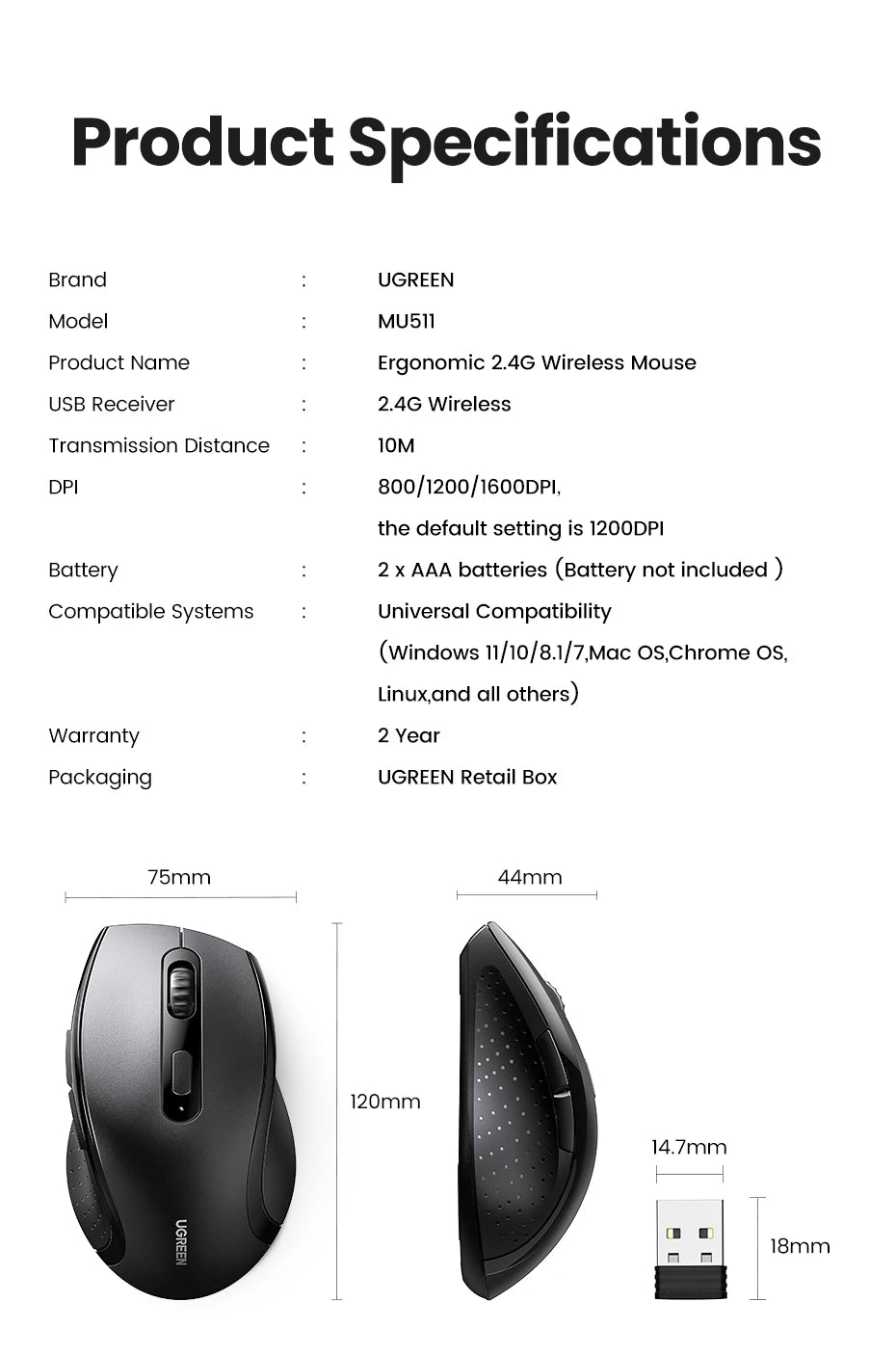 UGREEN Wireless Silent Mouse – 1600 DPI, 2.4GHz USB for PC & MacBook