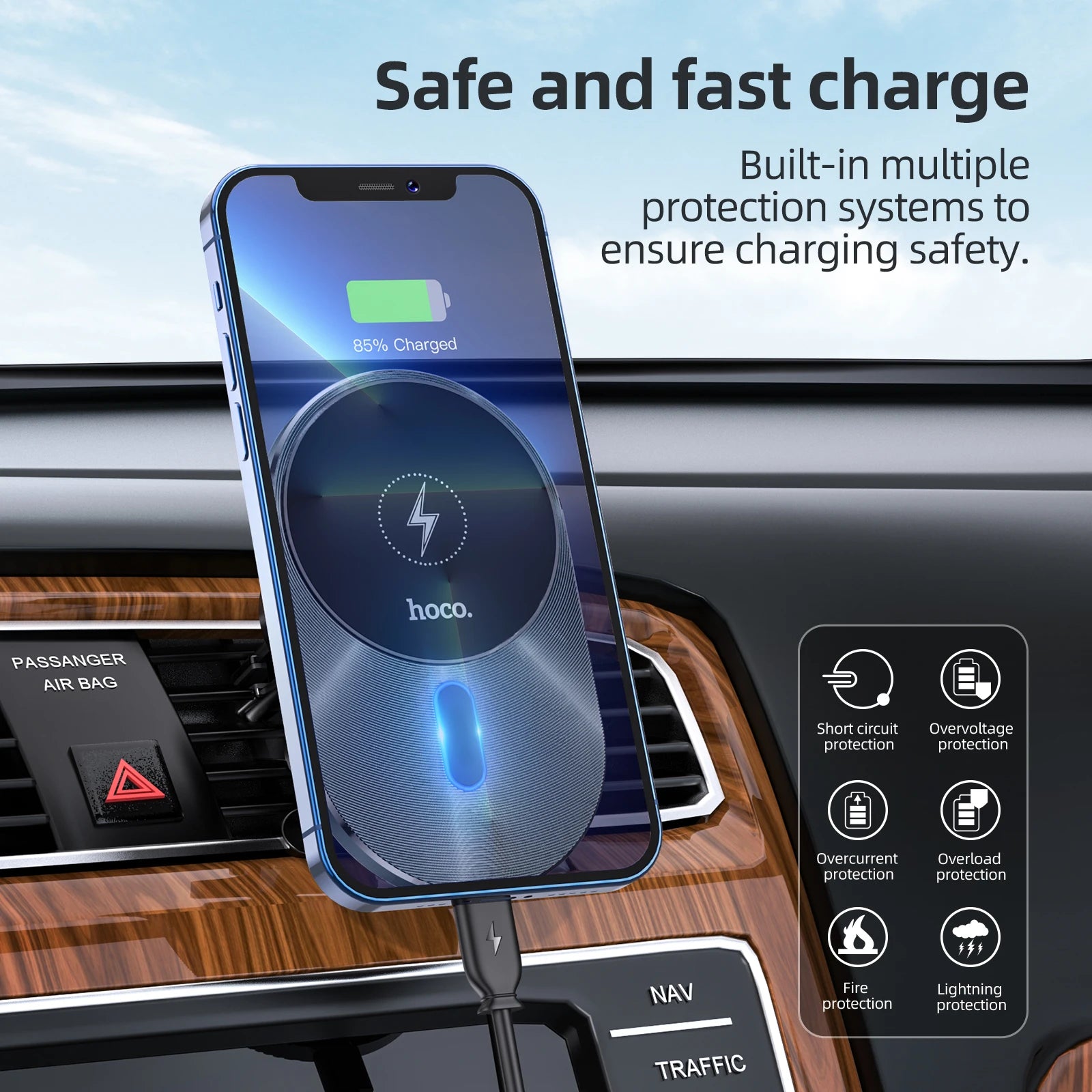 HOCO CA91 Magnetic wireless Fast charging Phone Holder in car 15W Mobile Charger Auto air Outlet Navigation Bracket