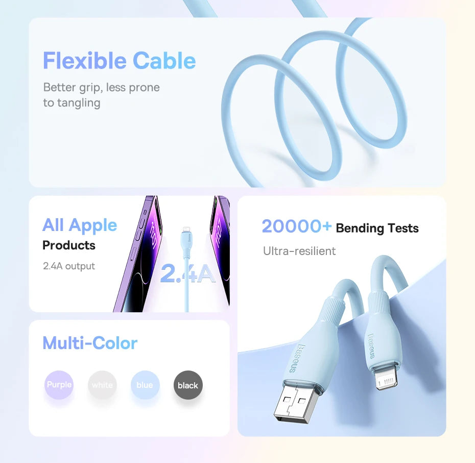 Baseus USB Cable 2.4A For iPhone Charging Cable USB Cord For iPhone 14 13 12 11 Pro Max Fast Data Charging Wire Cord