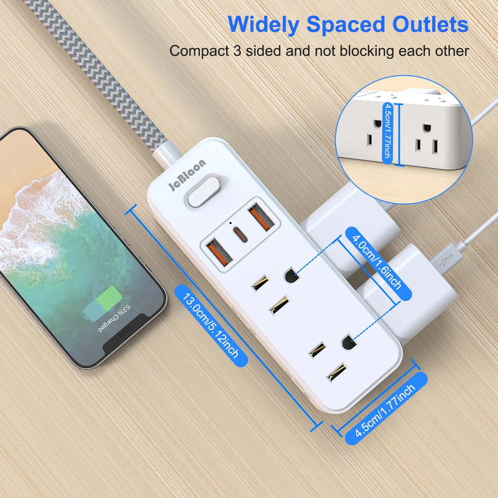 JcBlaon US Plug Multitap Power Strip – 1.5m Braided Cable with USB Charging