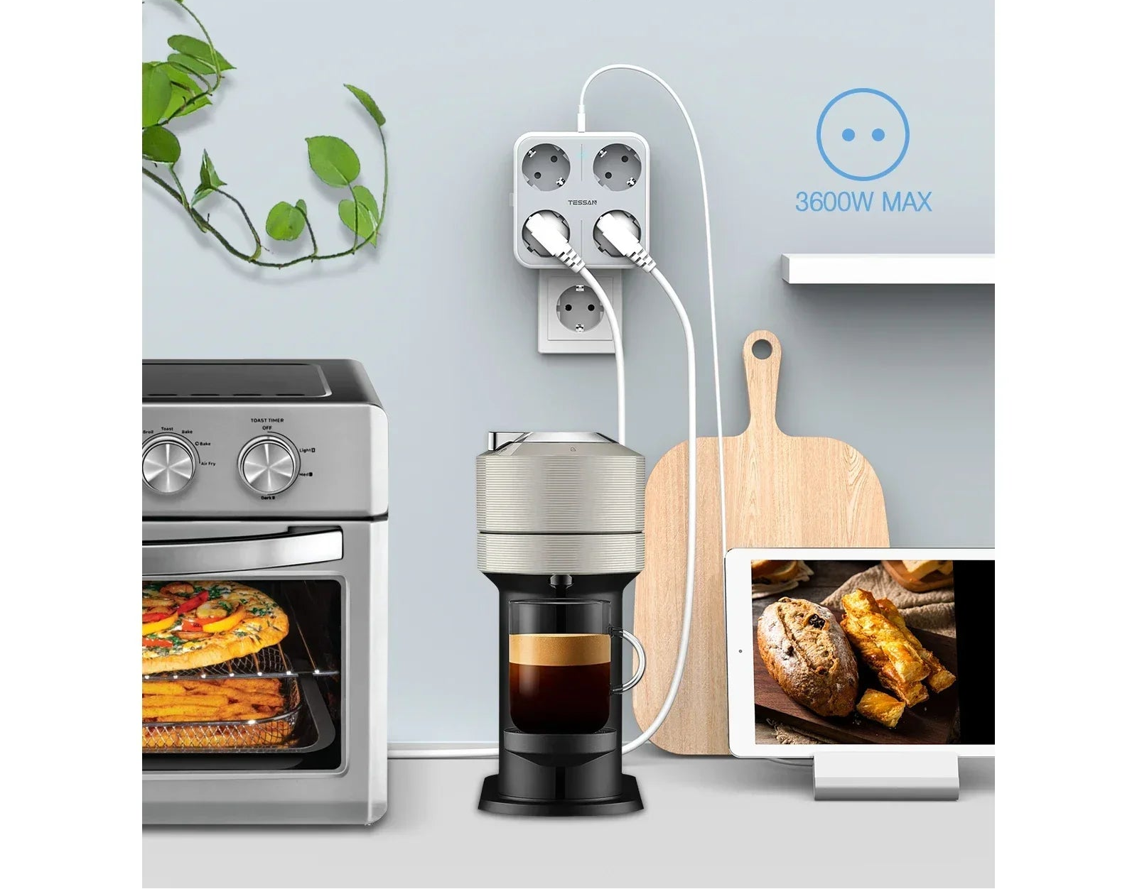 Multifunctional appliance charging station with various devices plugged in, including a coffee maker and tablet.