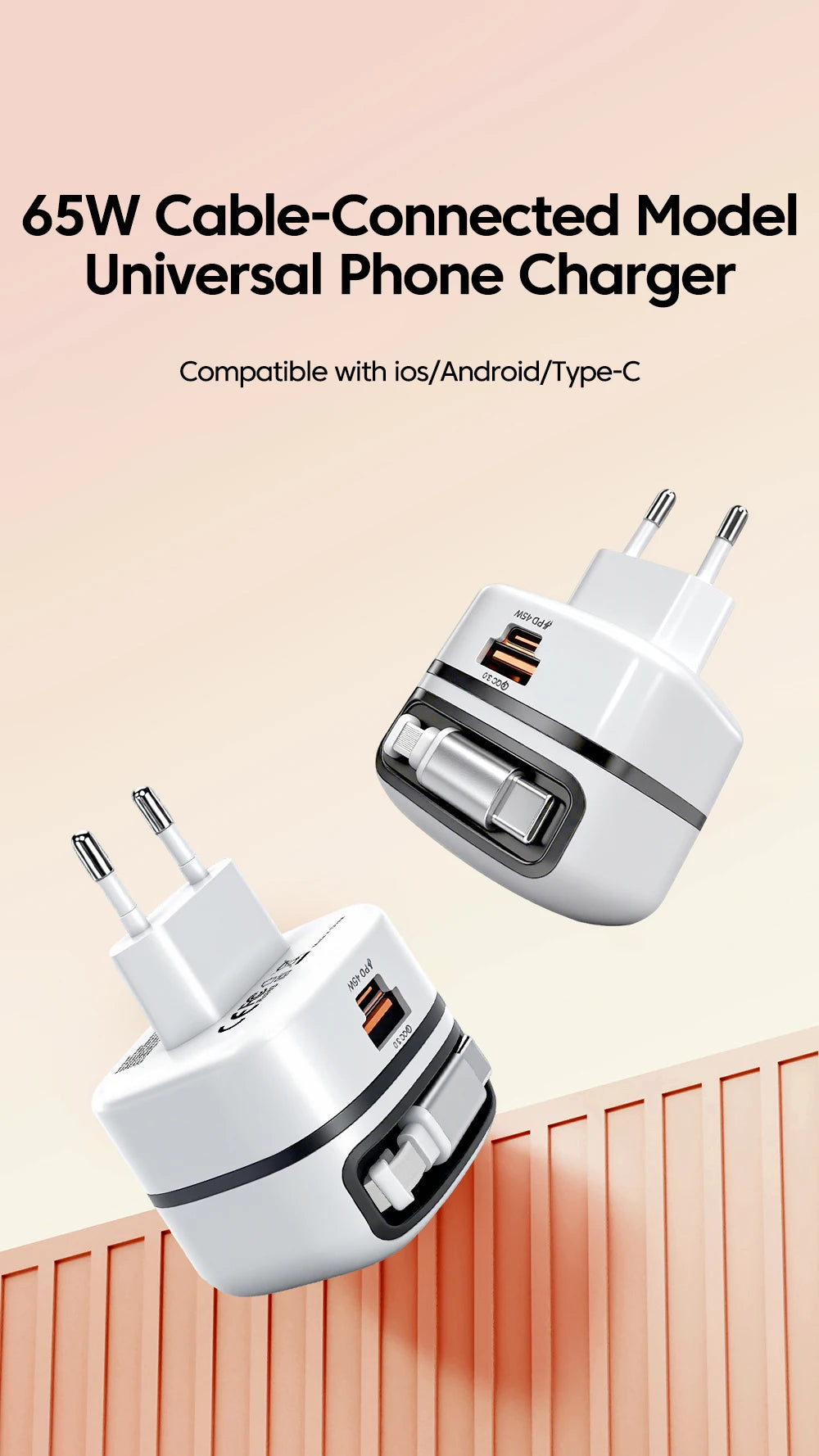 65W USB Type-C Travel Charger – Fast Charging for iPhone, Samsung & Laptops
