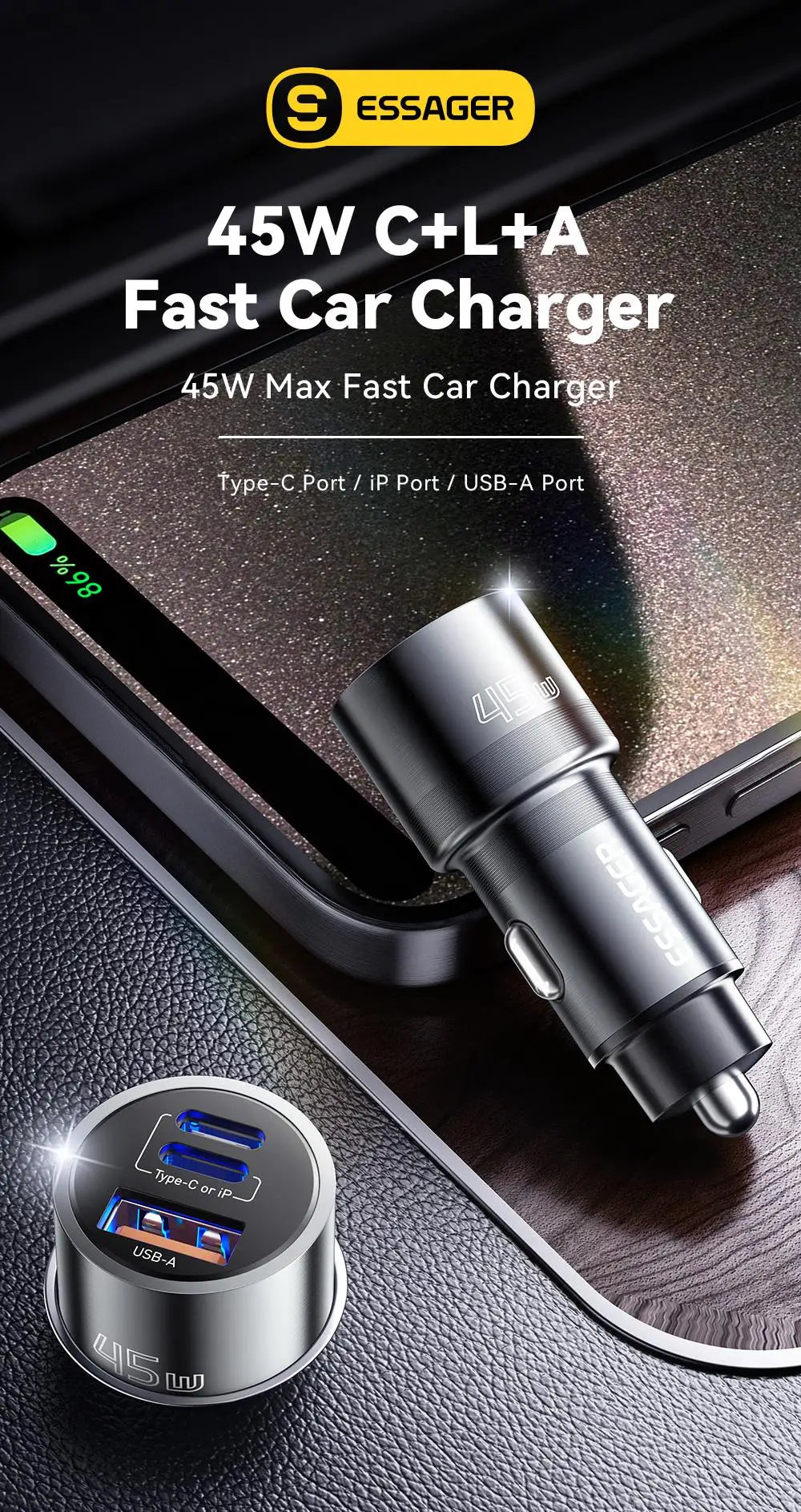 Essager Car Charger 3 Ports 45W USB Type C Fast Charging Phone Quick Charge for IPhone 15 14 Huawei Xiaomi Samsung Laptop Tablet