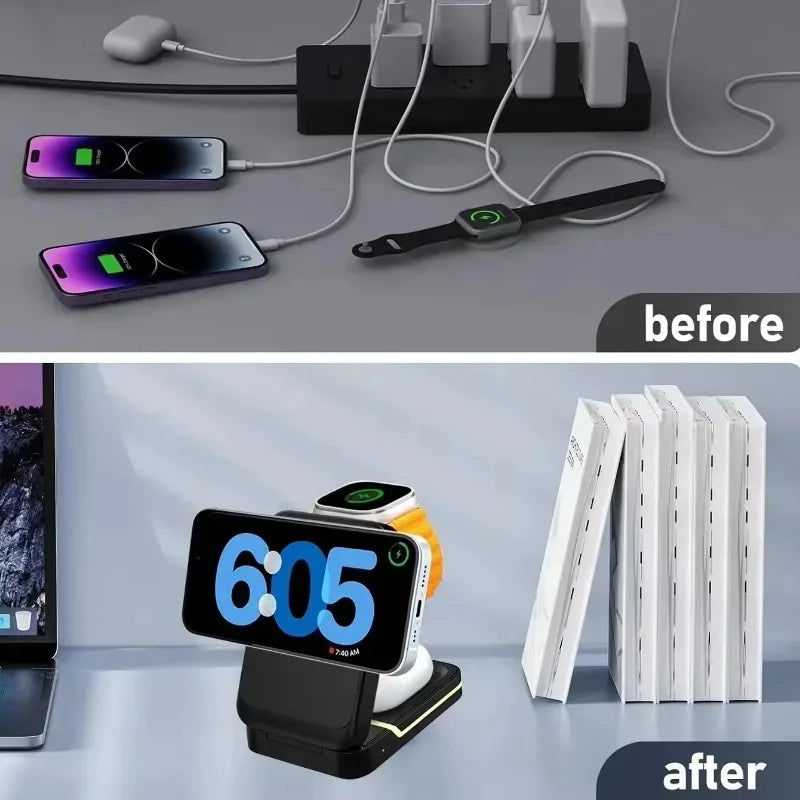 30W 3 in 1 Magnetic Foldable Travel Fast Wireless Charger Stand for Magsafe iPhone 16 15 14 13 17 Pro Apple Watch 2-9 SE Airpods