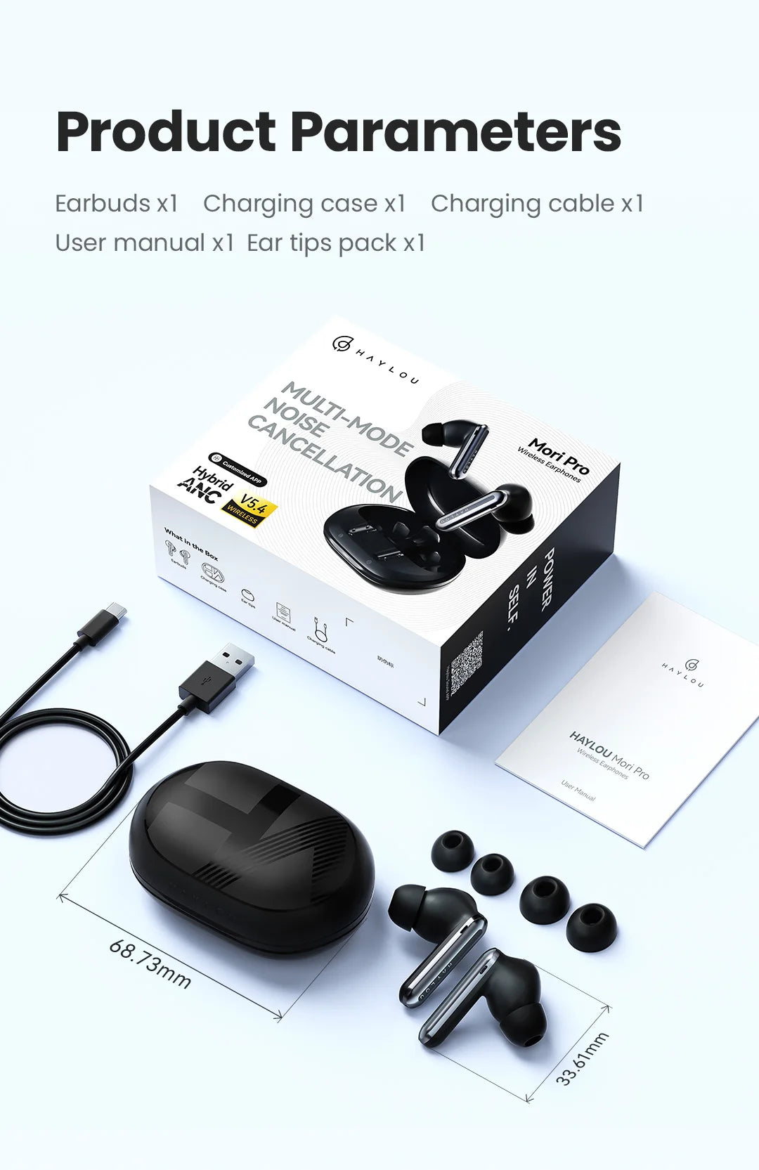 HAYLOU Mori Pro ANC Wireless Earbuds Bluetooth 5.4 Headphones 43dB Hi-Res Audio Noise Cancellation 6 Mics Earphones 28Hrs