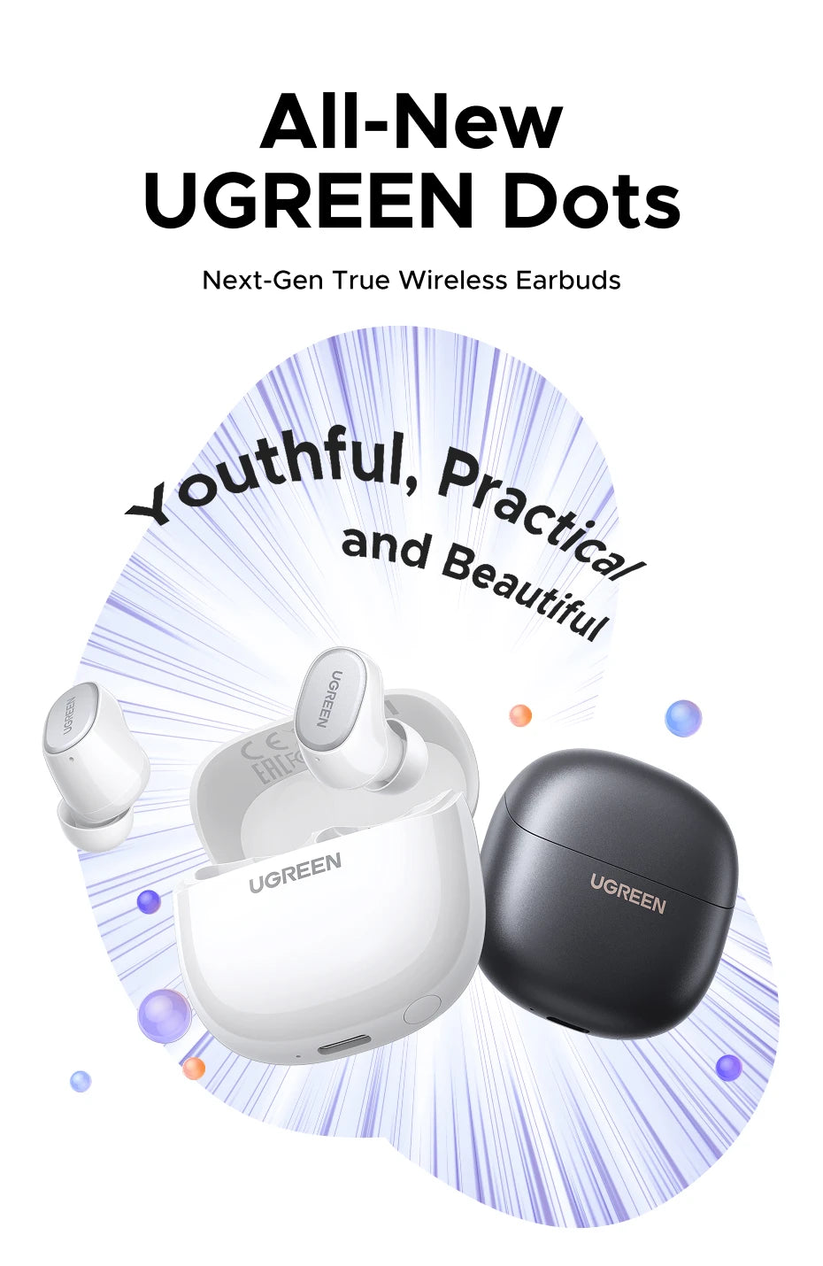 UGREEN Dots Earbuds – Bluetooth, Long Playtime, App-Controlled Sound