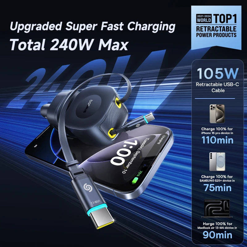 Baseus 240W Car Charger – 4-Port Fast Charging Adapter with Retractable USB-C Cable