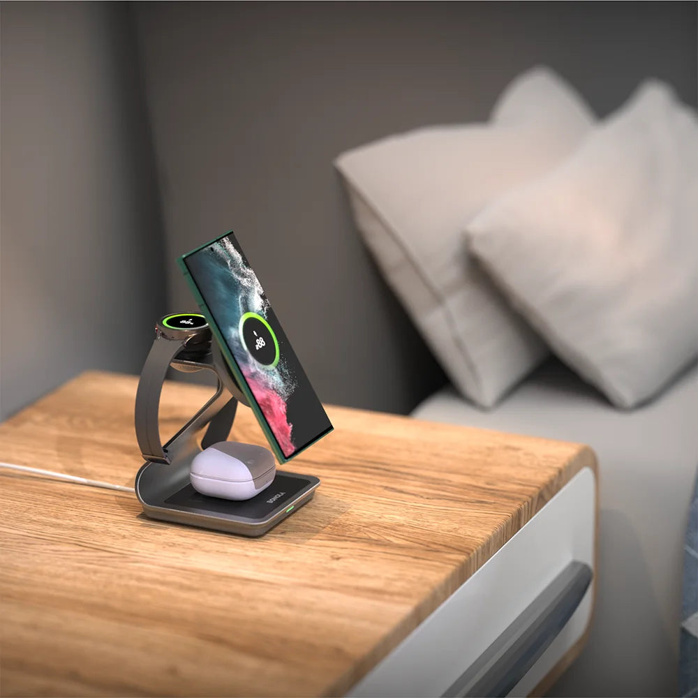 Bonola Wireless Charging Stand – 15W Fast Charge, 3-in-1 for Phone, Watch & Buds