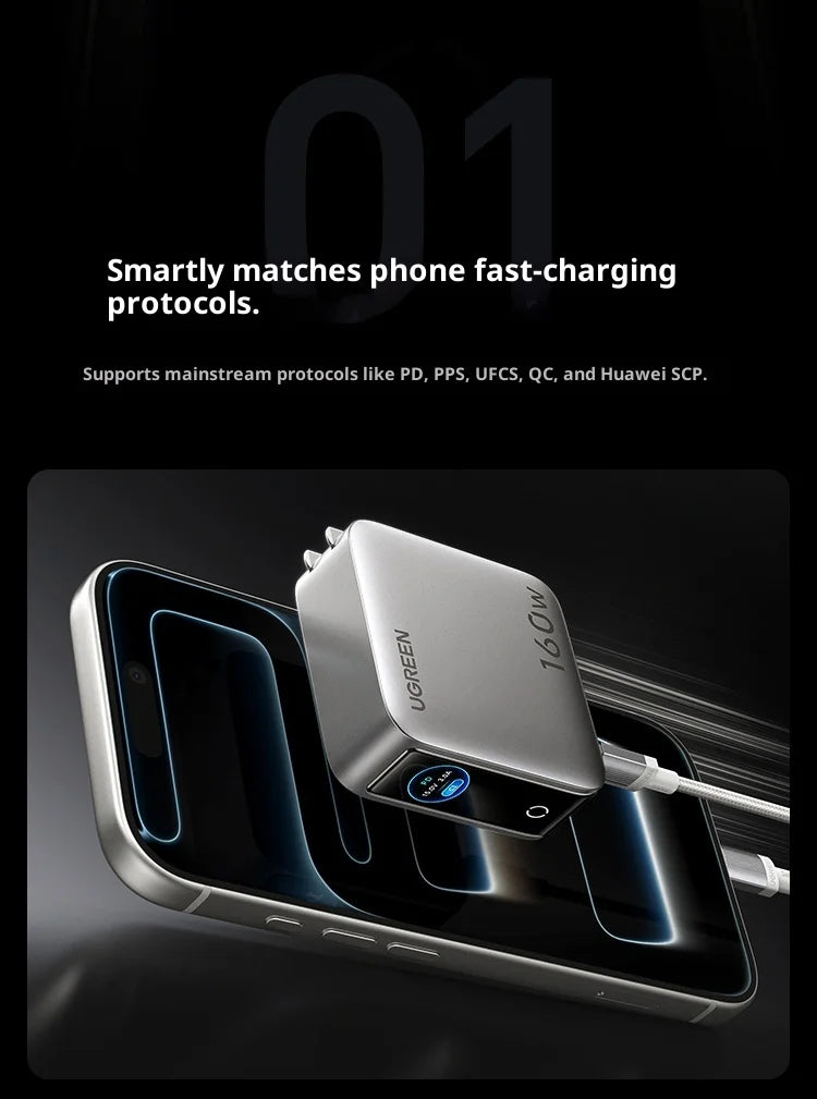 UGREEN GaN Charger 160W PD3.1 Fast Charging Phone Charger With Five Ports USB-C/A AI Smart Display For iPhone17 Tablets Laptops