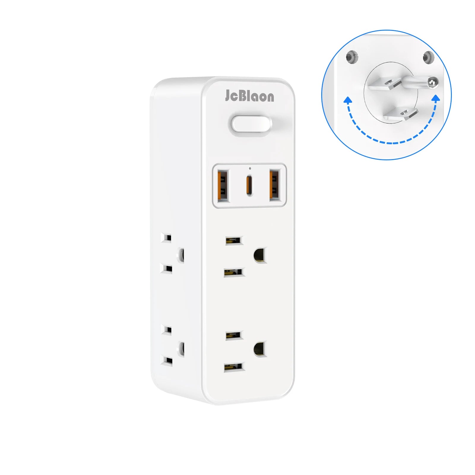 JcBlaon 360° Rotating US Power Strip – 6 AC Outlets, 3 USB Ports & 1 USB-C