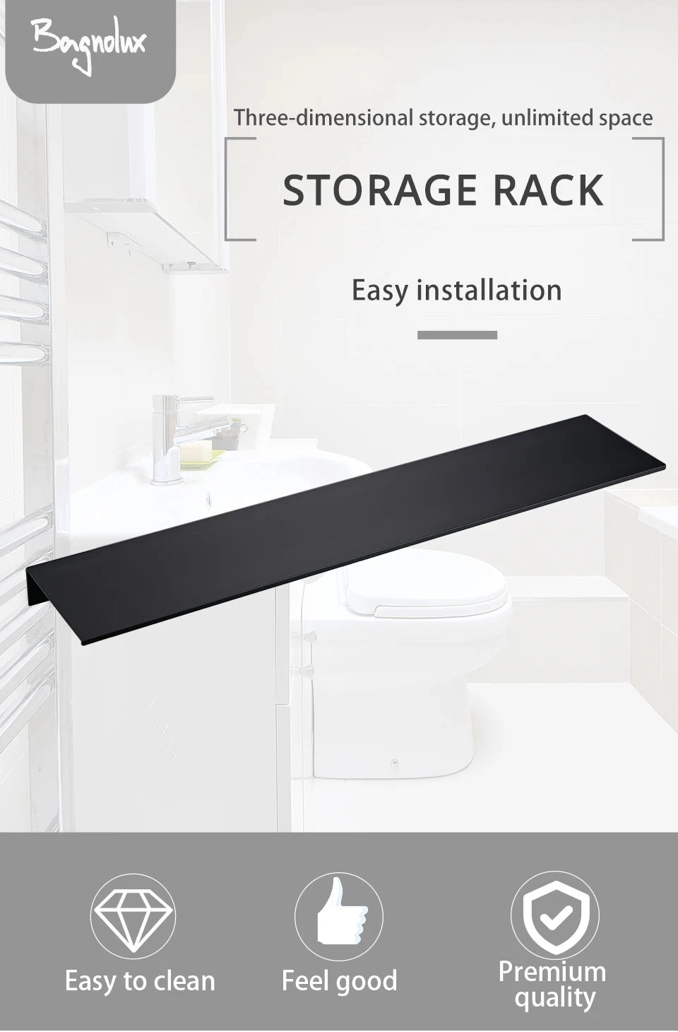 Wall-Mounted Black Shelf – Bathroom, Kitchen & Shower Storage Rack