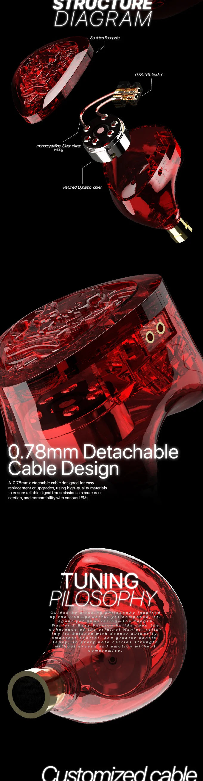 TANGZU WanerSG II Red Lion Single Dynamic Driver In-Ear Monitors with Ergonnmic & Safe Earmold Design