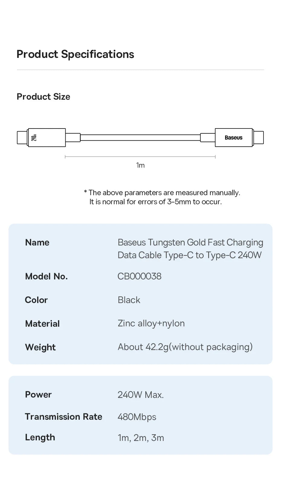 Baseus 240W USB-C Supercharge Cable – Fast Charging for iPhone & MacBook