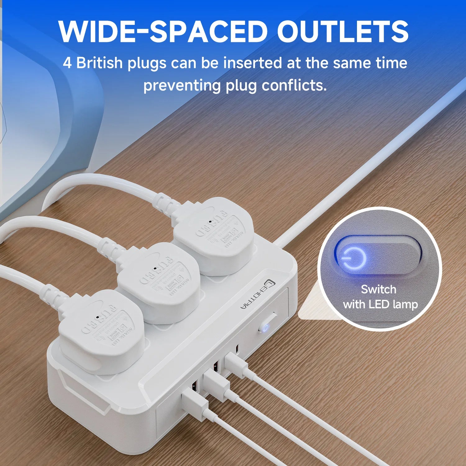 UK Power Strip with USB-C Fast Charging