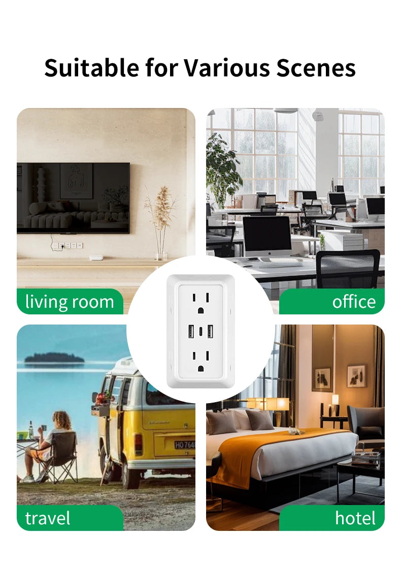 9-in-1 Wall Plug Power Adapter – 6 AC Outlets with 2 USB & 1 USB-C Charging