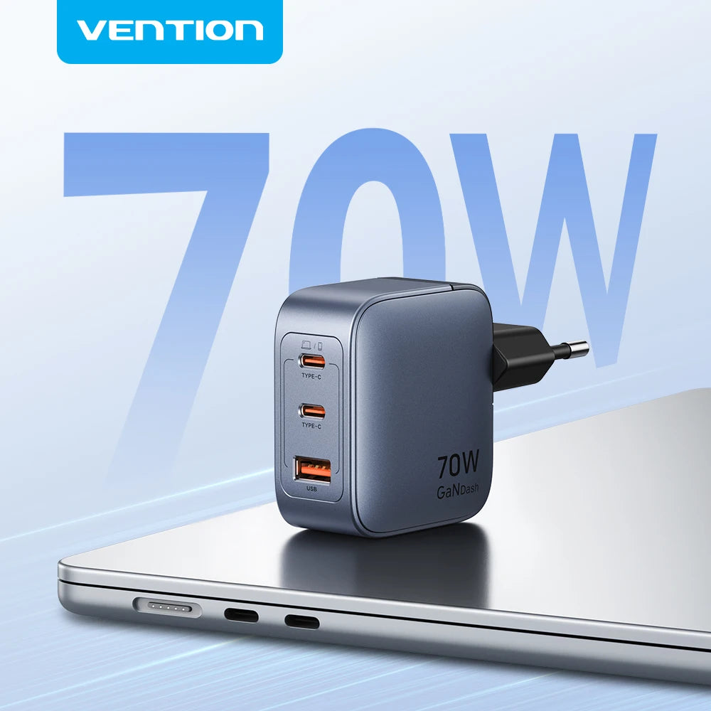 Vention 70W GaN Fast Charger – USB-C PD for Phones & Laptops