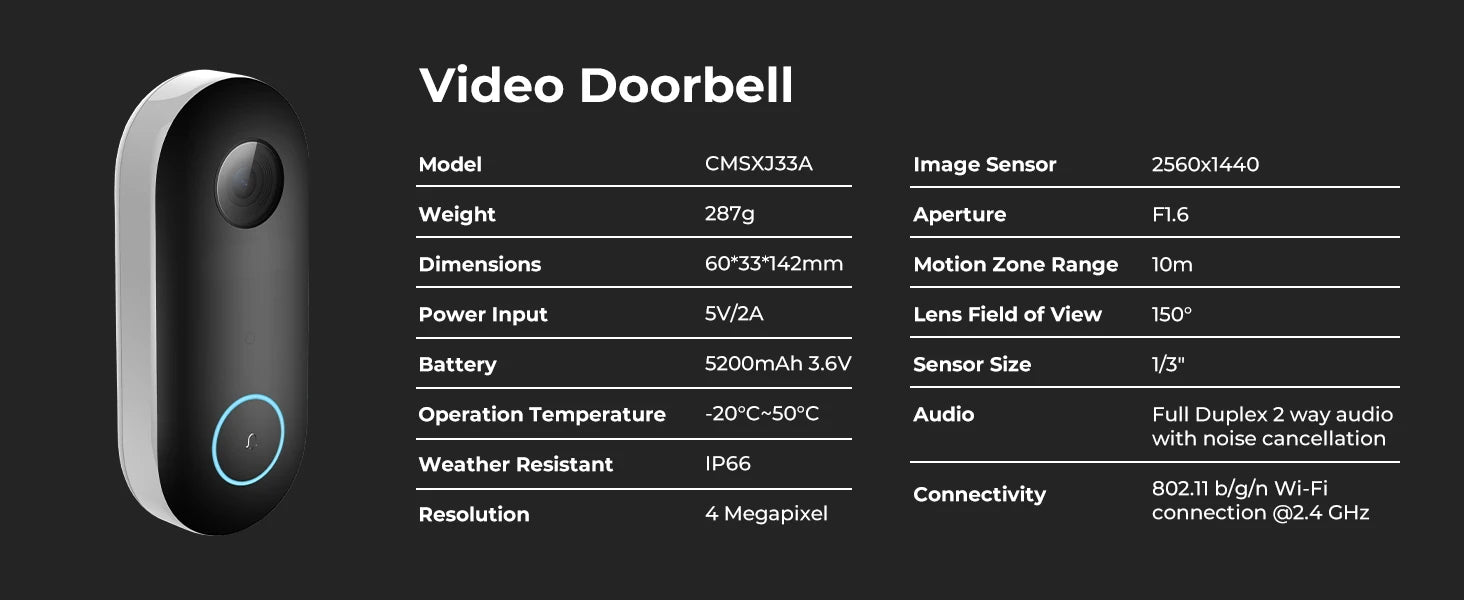 Smart Home Doorbell Camera IMILAB – Instant Alerts, 2.5K Security, 5200mAh Battery